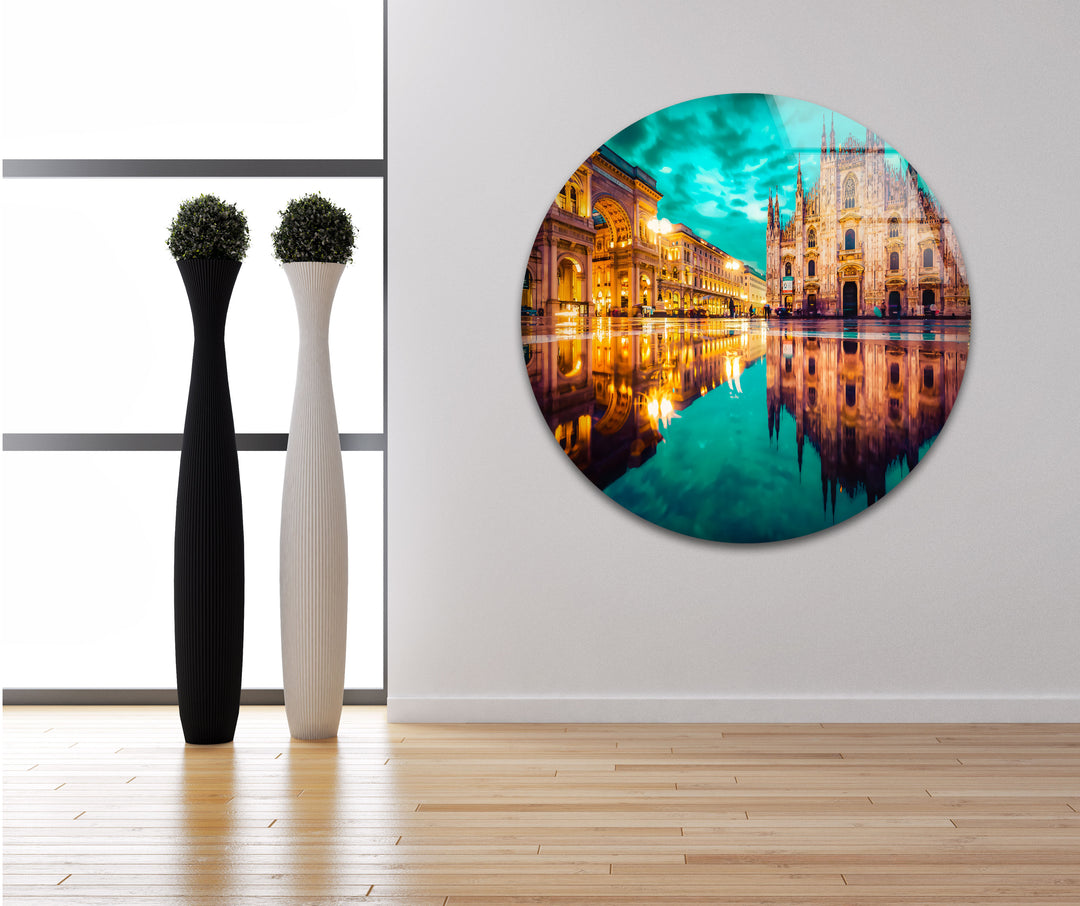 Milan Cityscape Glass Wall Art – Reflected View of Iconic Duomo Cathedral & Galleria Vittorio Emanuele