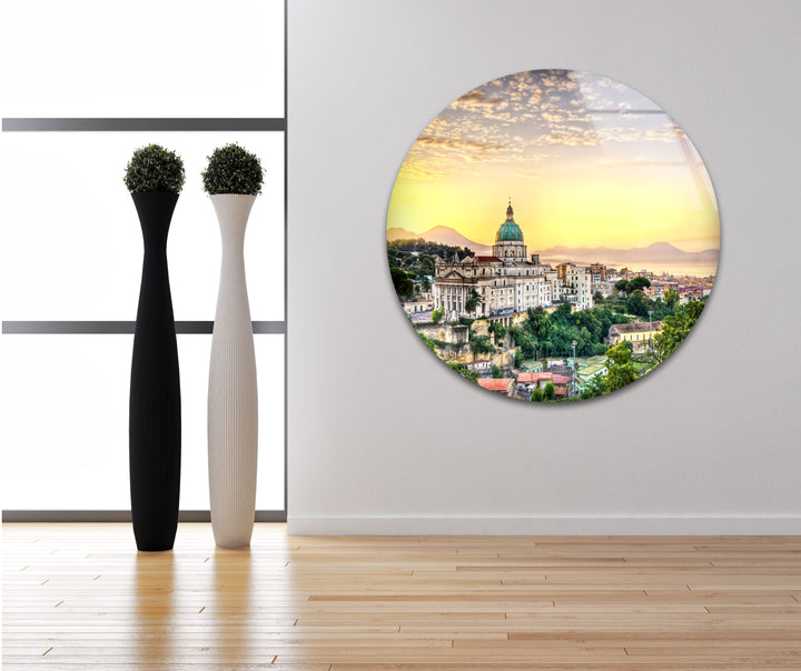 Sunset View of Naples Skyline Glass Wall Art – Iconic Italian Cityscape with Mt. Vesuvius View