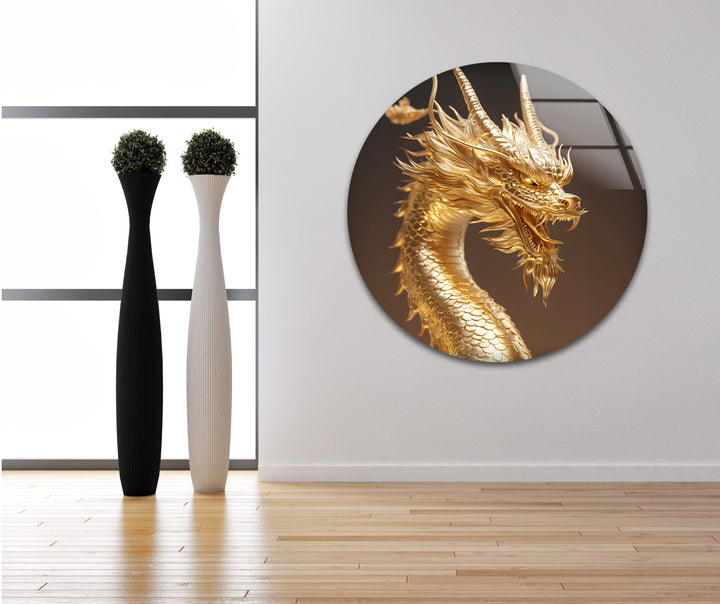 Immerse yourself in the power of this golden dragon artwork, designed to bring magic to your space on glass.
