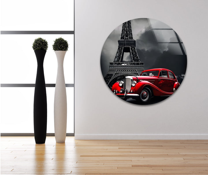 A stunning tribute to Paris, featuring a red classic car in front of the Eiffel Tower, all brought to life in black and white glass artwork.

