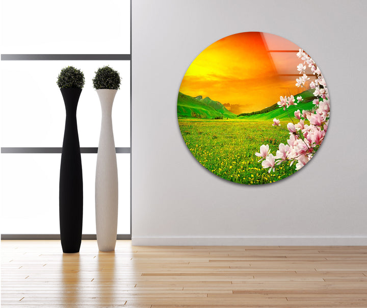 Sunset Meadow Glass Wall Art – Beautiful Spring Landscape with Blossoming Flowers