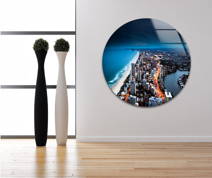 Gold Coast Skyline Glass Wall Art – Majestic View of Australian Coastal City at Night