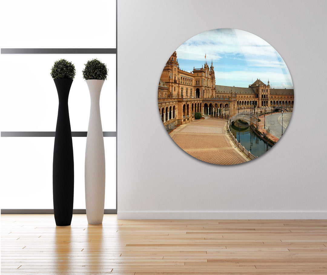 Plaza de España Glass Wall Art – Majestic Spanish Landmark with Scenic Canal View