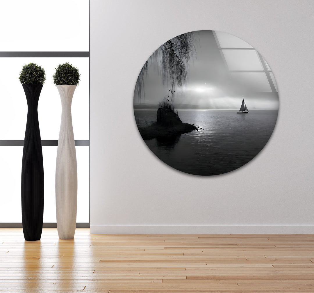 Tranquil Seascape – Black & White Sailboat Sunset Wall Art