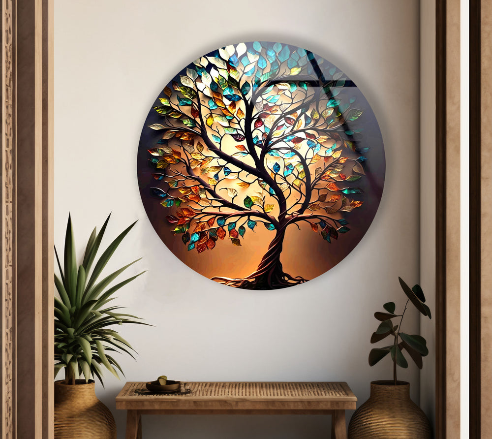 Brown Life of Tree Round Glass Wall Art large glass photo prints, glass wall photos