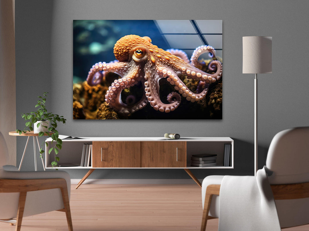 Octopus in Nature Glass Wall Art photo print on glass, prints on glass wall art