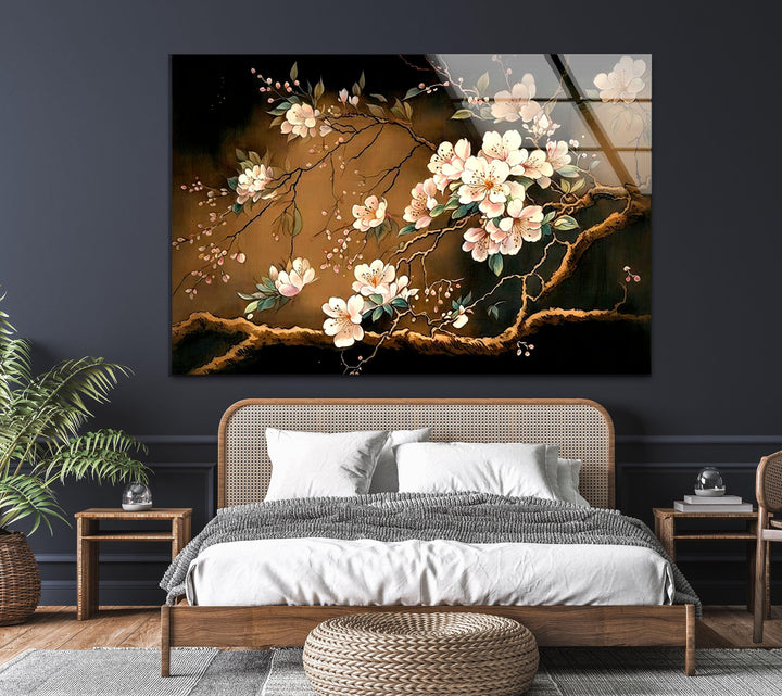 Gold Cherry Blossom Glass Wall Art, glass image printing, glass prints from photos