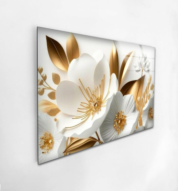 White Gold Flowers Glass Wall Art, glass pictures for Wall, glass prints wall art