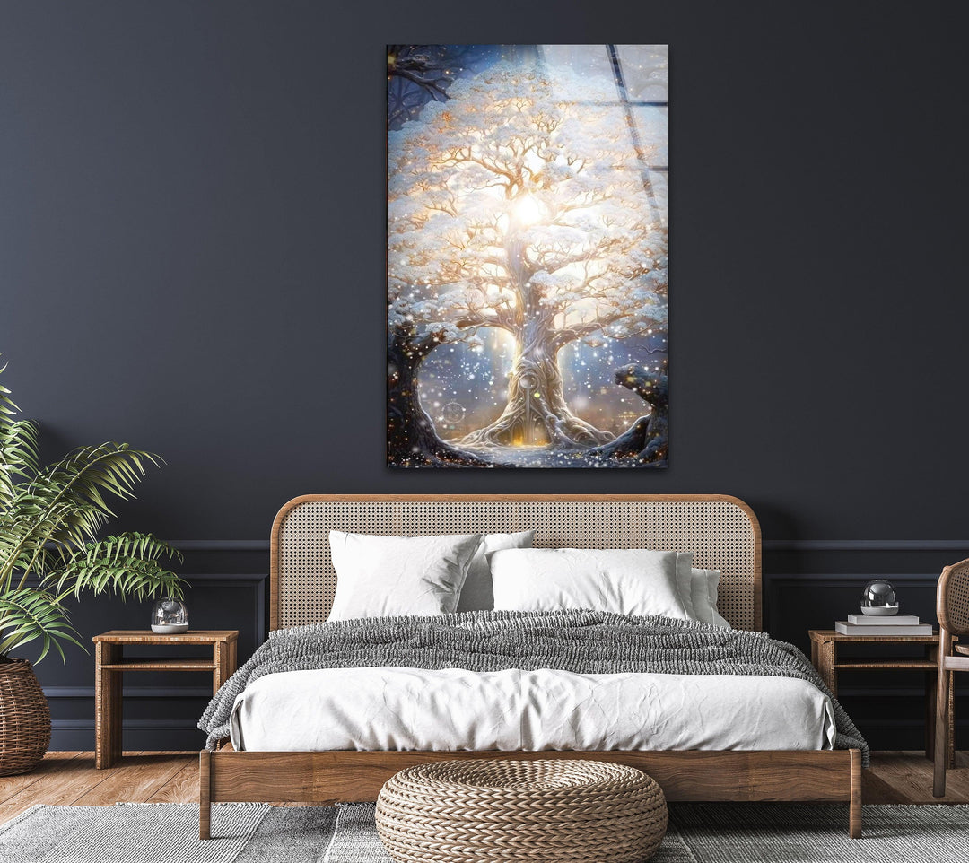 Glowing Blossom Oak Tree Glass Wall Art, glass image printing, glass prints from photos