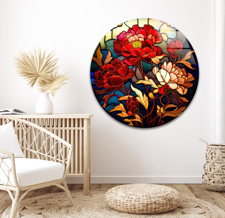 Red Peonies Stained Glass Wall Art, custom glass pictures, glass art prints