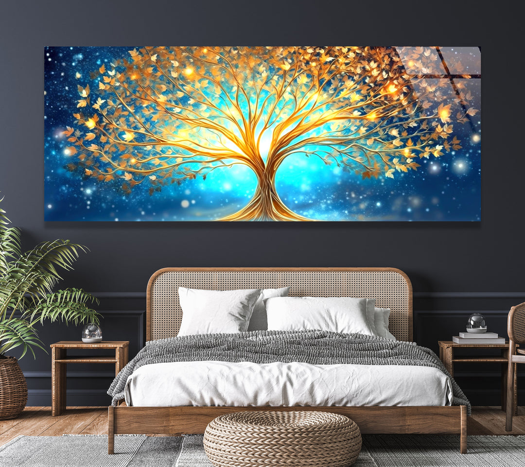 Golden Tree Of Life Abstract Glass Wall Art, picture on glass wall art, photos printed on glass