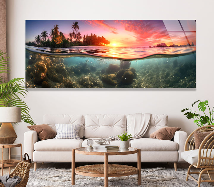 Tropical Island With A Sunset&Submarine Glass Wall Art, print on glass, glass printed photos