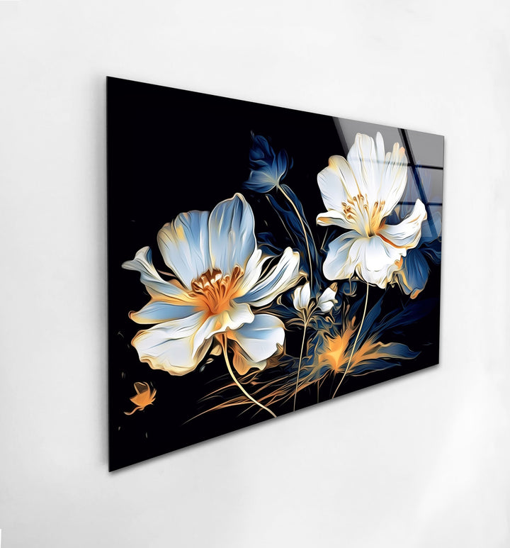 White Flowers Paint Glass Wall Art, glass pictures for Wall, glass prints wall art