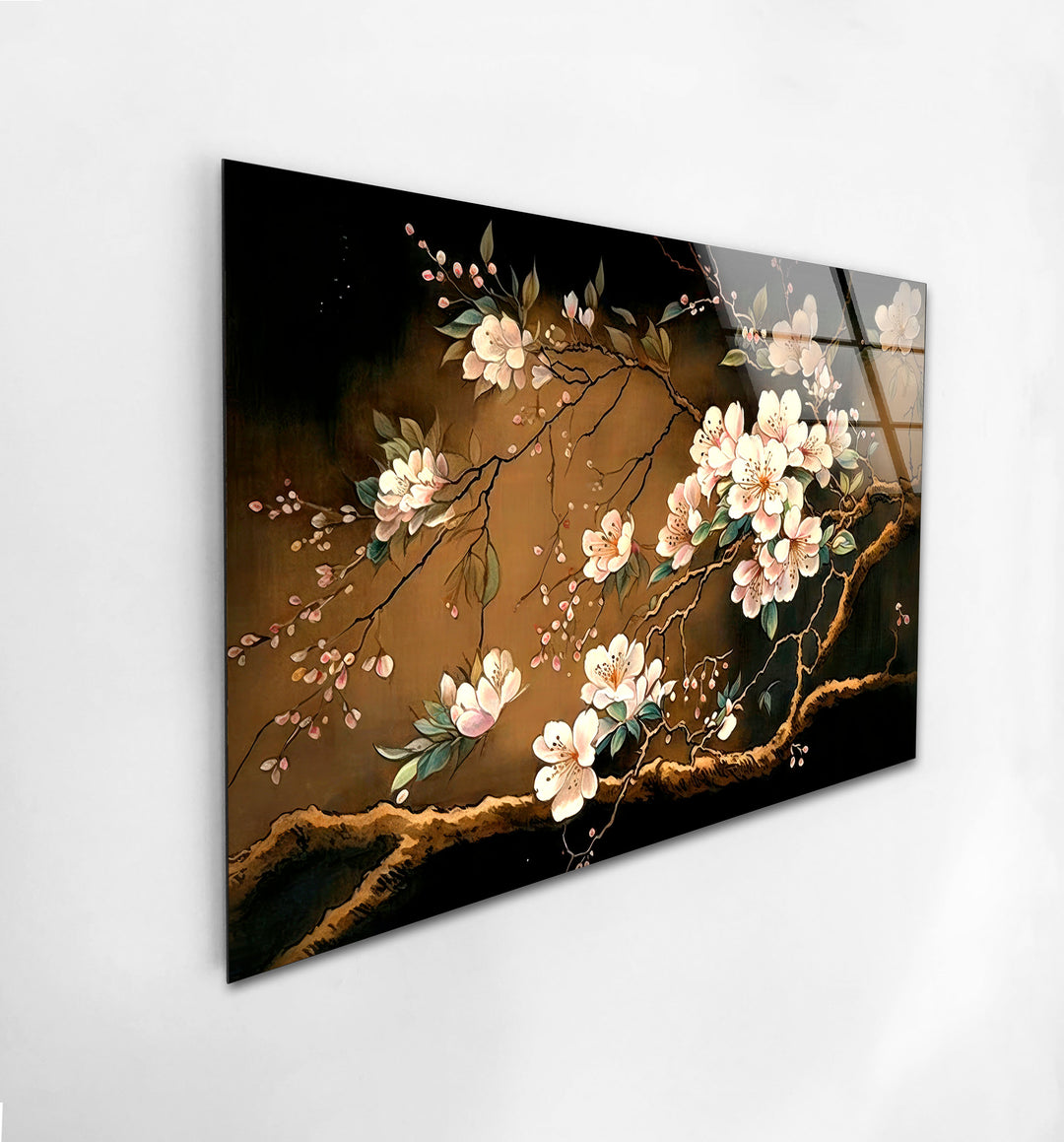 Gold Cherry Blossom Glass Wall Art, stained glass wall art, stained glass wall decor