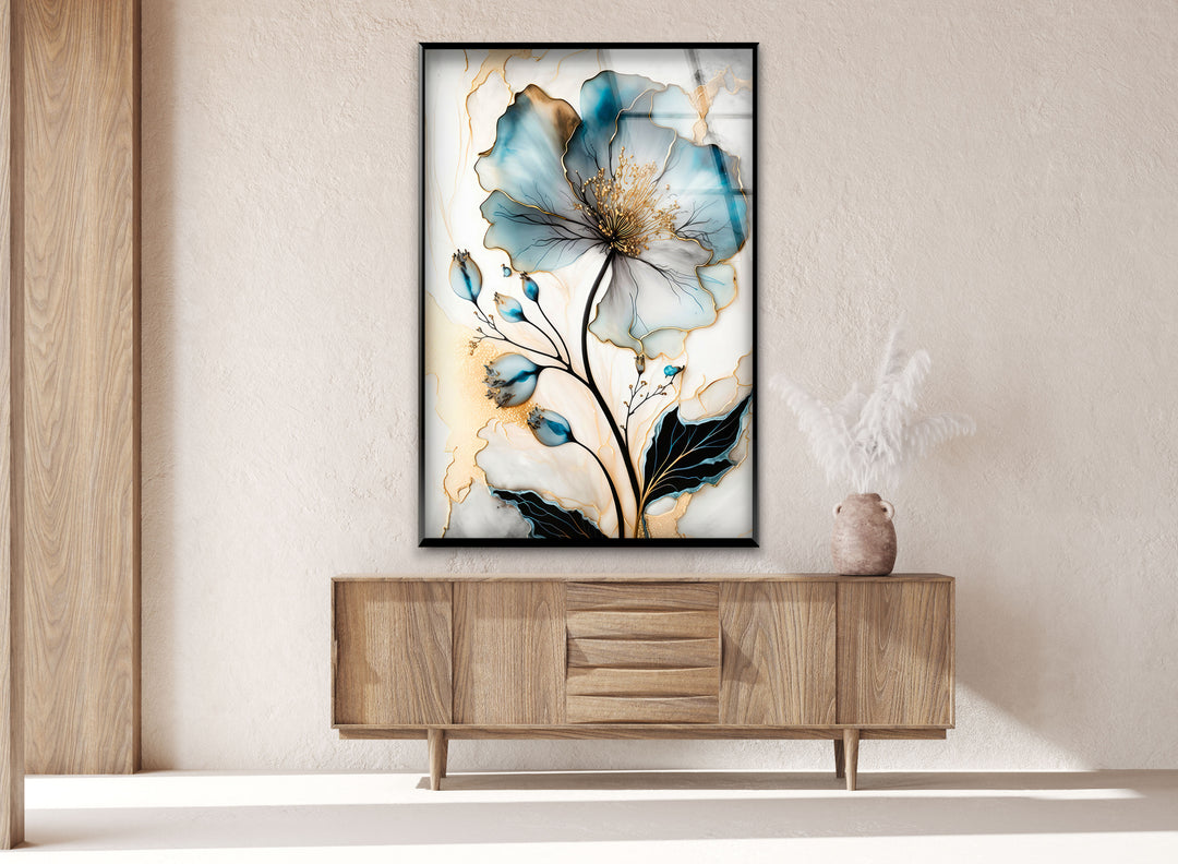 Blue Floral Oil Painting Glass Wall Art, glass art painting, glass art for the Wall