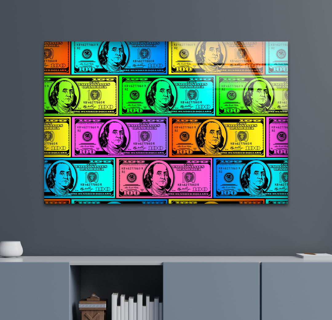 a multicolored picture of dollar bills on a wall