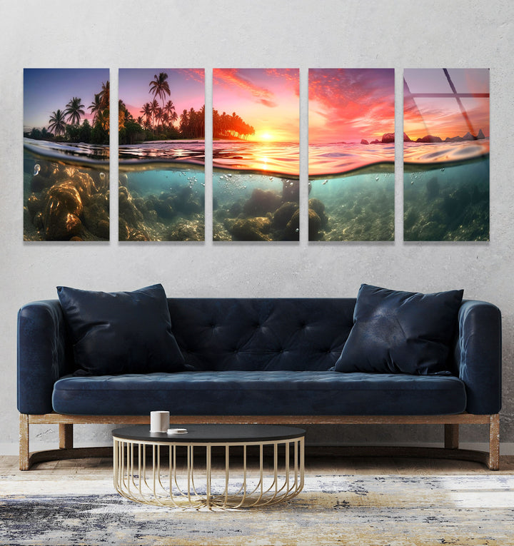 Tropical Island With A Sunset&Submarine Glass Wall Art, picture on glass wall art, photos printed on glass