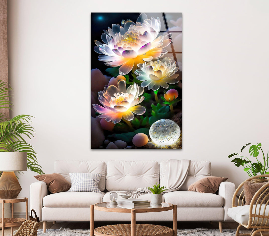 Luminous Lotus Flower Glass Wall Art, glass wall decor, glass wall art decor