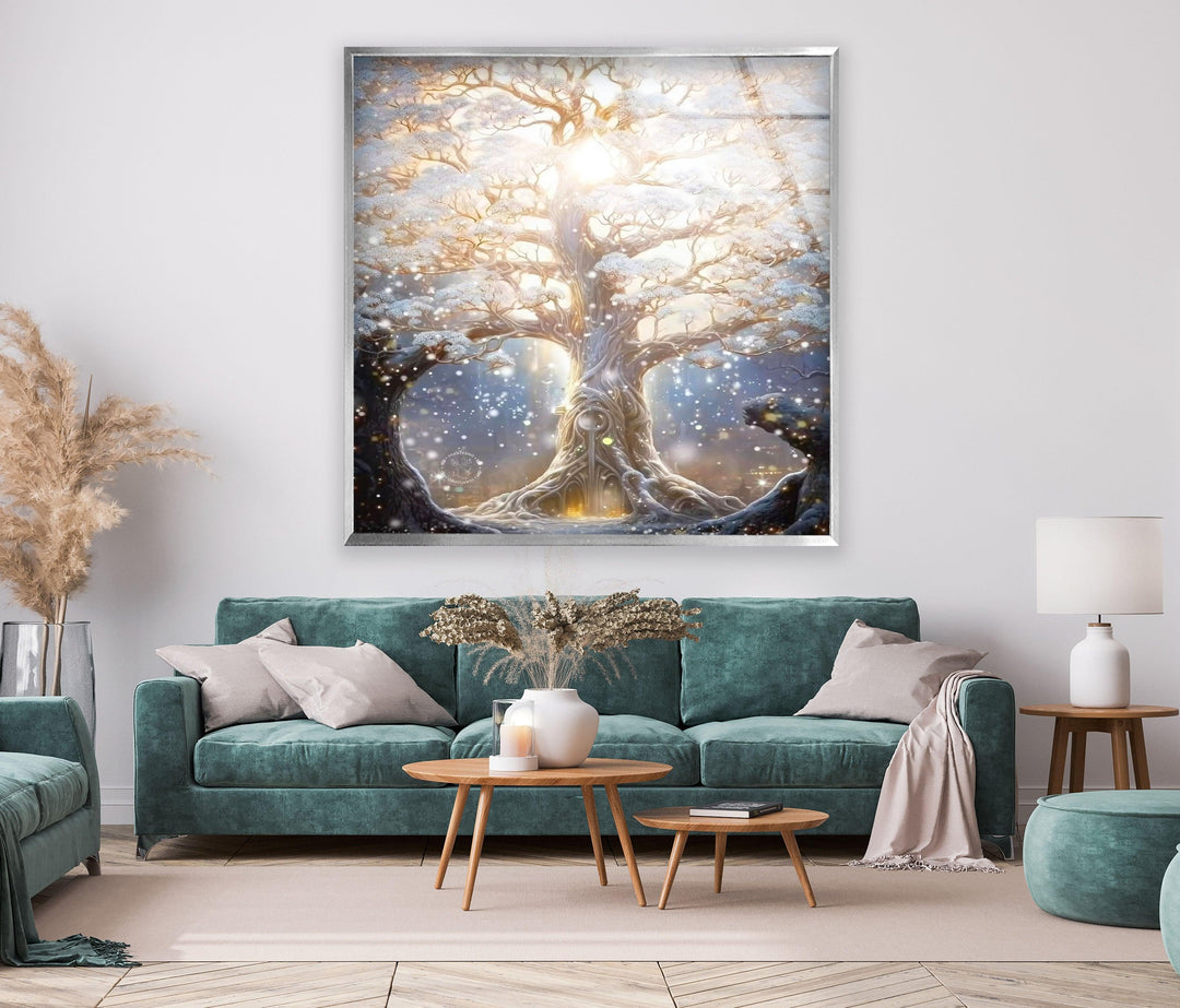 Glowing Blossom Oak Tree Glass Wall Art, custom glass pictures, glass art prints