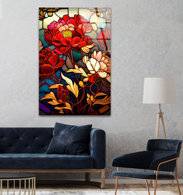 Red Peonies Stained Glass Wall Art, glass image printing, glass prints from photos