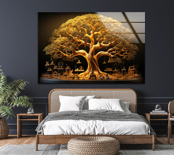 Golden Tree Glass Wall Art, glass pictures for Wall, glass prints wall art