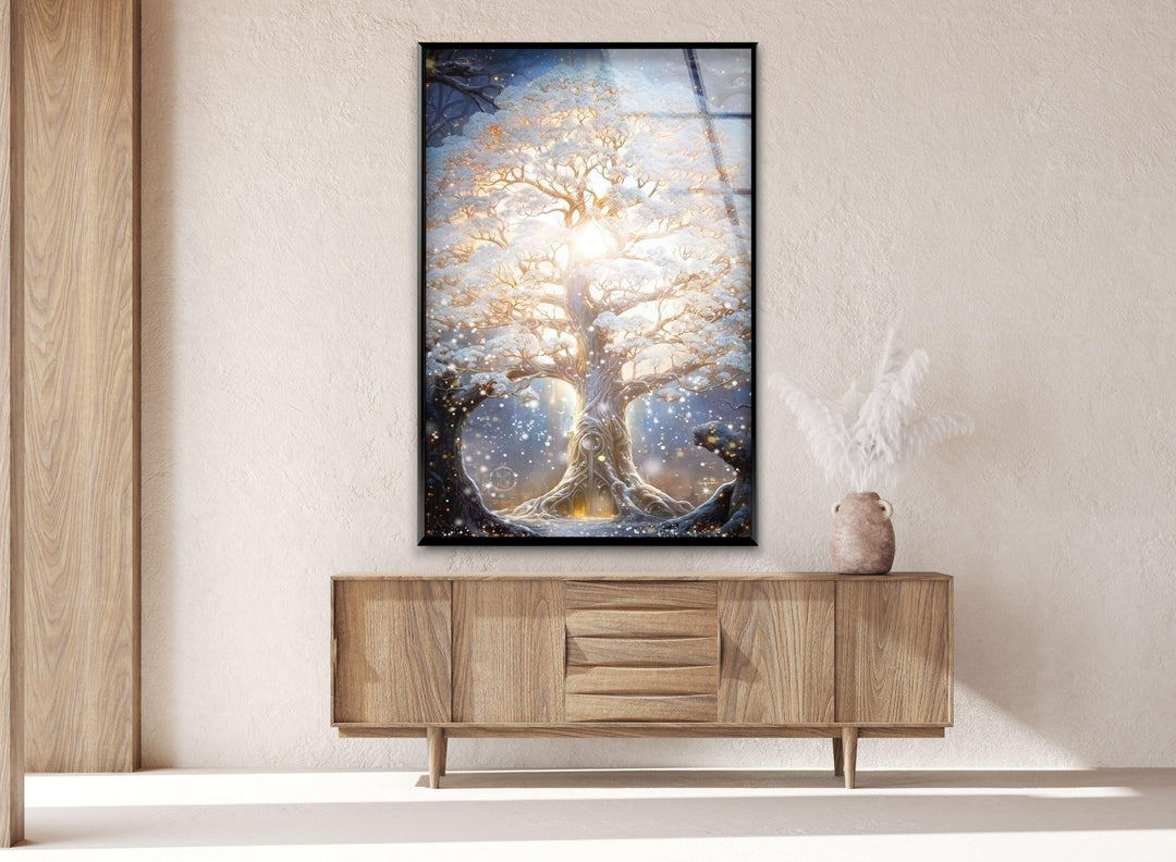 Glowing Blossom Oak Tree Glass Wall Art, large glass photo prints, glass wall photos