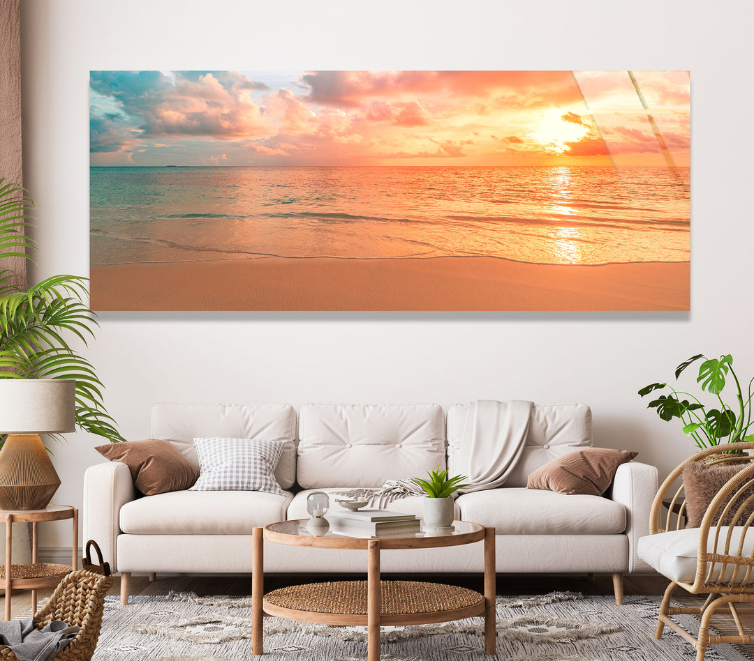 Pastel Sunset Beach Landscape Glass Wall Art, glass photo prints, glass picture prints