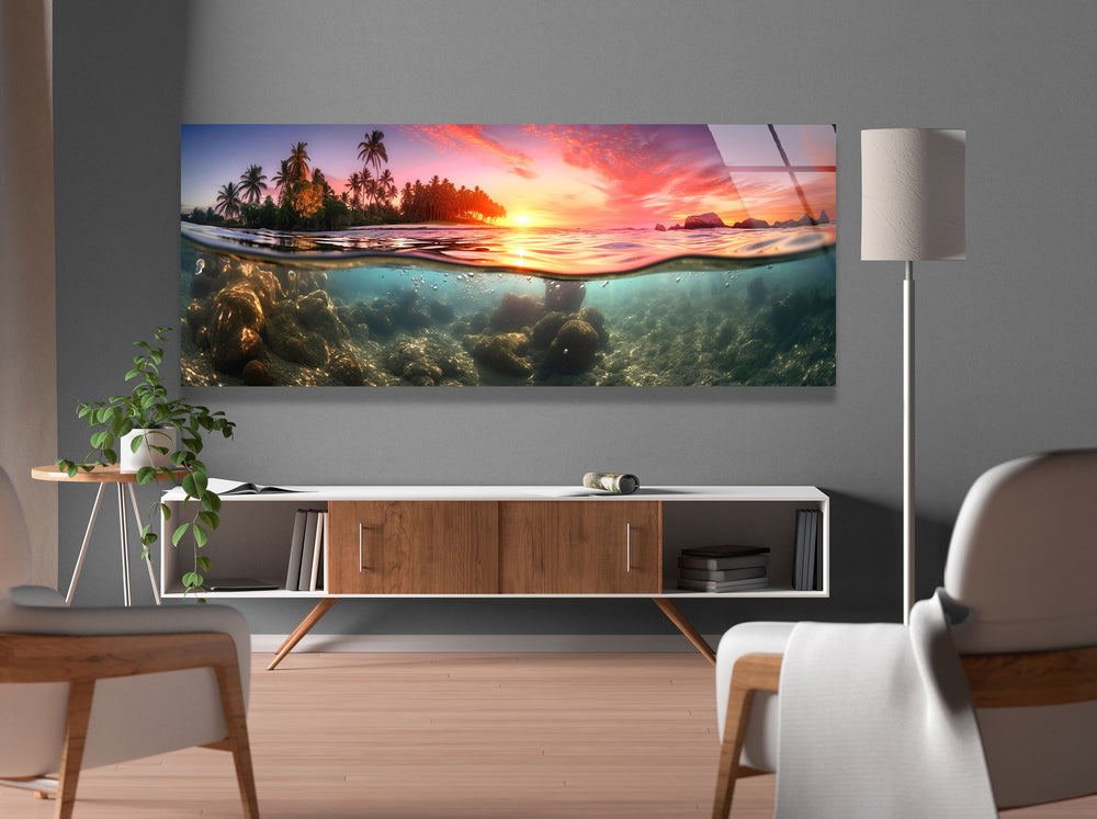 Tropical Island With A Sunset&Submarine Glass Wall Art, custom glass pictures, glass art prints