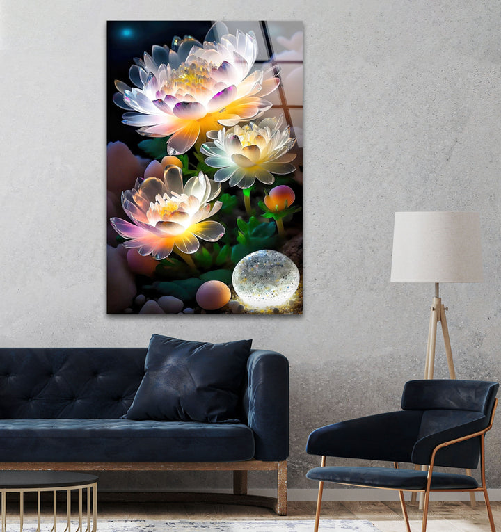 Luminous Lotus Flower Glass Wall Art, glass art painting, glass art for the Wall