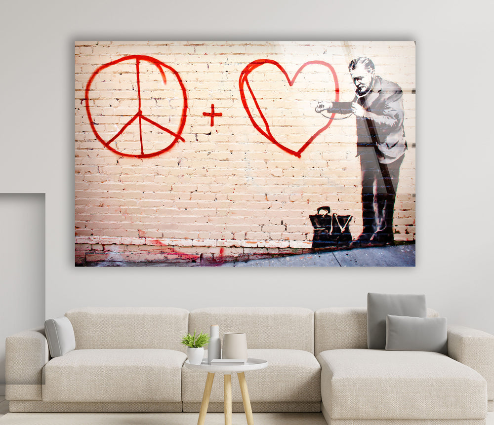 Banksy Peace and Love Glass Wall Art - Discover Banksy wall art for sale and bring unique, provocative designs into your home. Shop our extensive collection of Banksy art prints, including large Banksy wall art pieces, and make a bold statement with authentic Banksy paintings for sale.