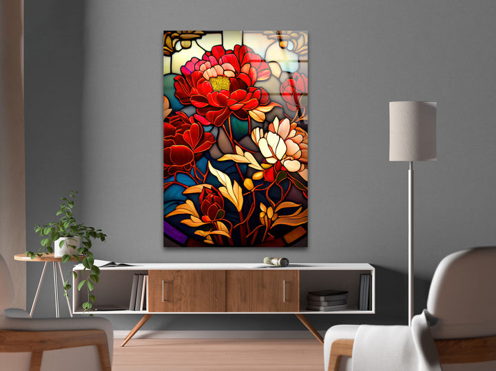 Red Peonies Stained Glass Wall Art, Glass Printing Wall Art, Print photos on glass