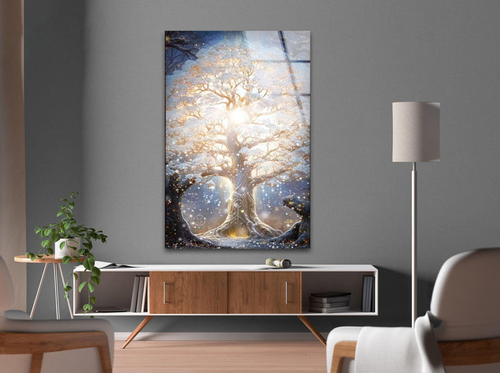 Glowing Blossom Oak Tree Glass Wall Art, glass photo prints, glass picture prints