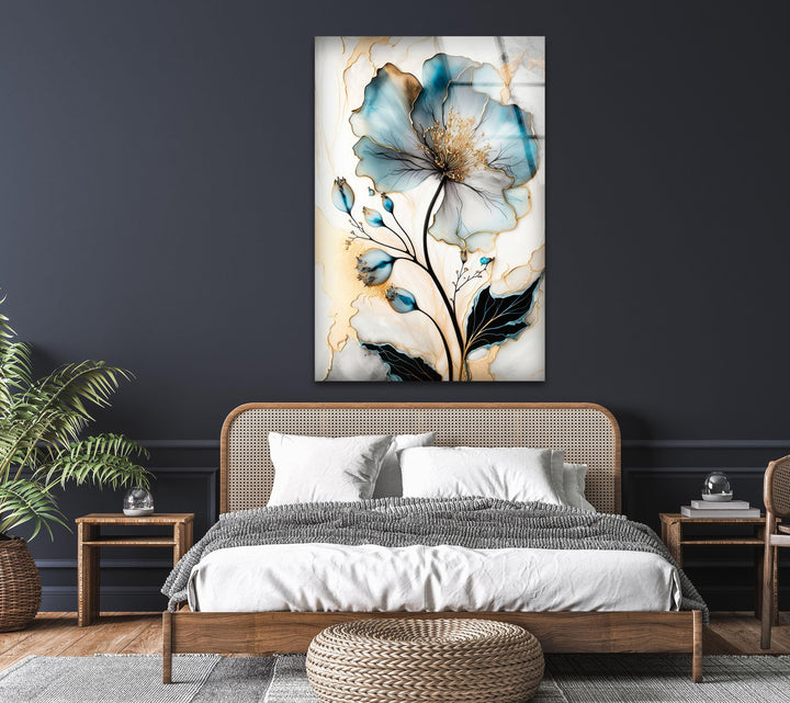 Blue Floral Oil Painting Glass Wall Art, glass pictures for Wall, glass prints wall art