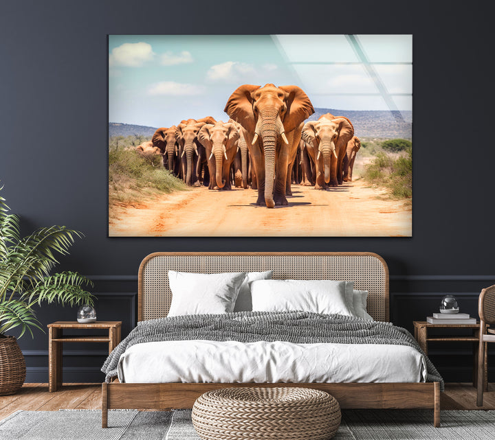 Elephants in The Wild Glass Wall Art glass art painting, glass art for the Wall