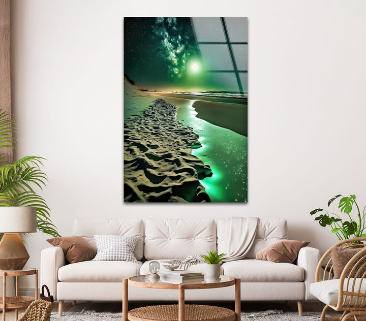 Sea Night Green Moon Glass Wall Art print picture on glass, Tempered Glass Wall Art