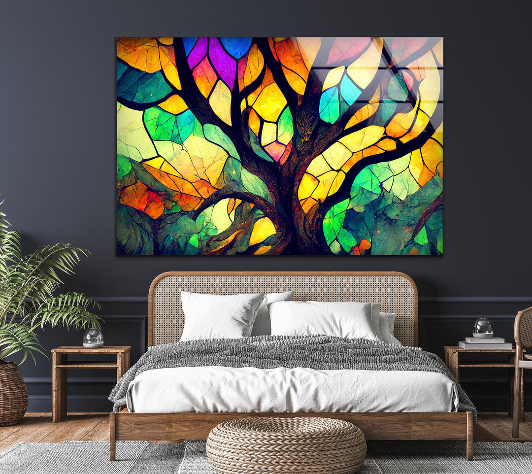 Stained Glass Window Tree Glass Wall Art, photo print on glass, prints on glass wall art