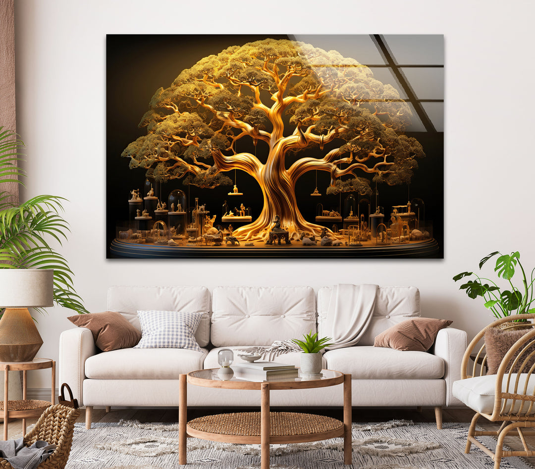 Golden Tree Glass Wall Art, glass wall decor, glass wall art decor