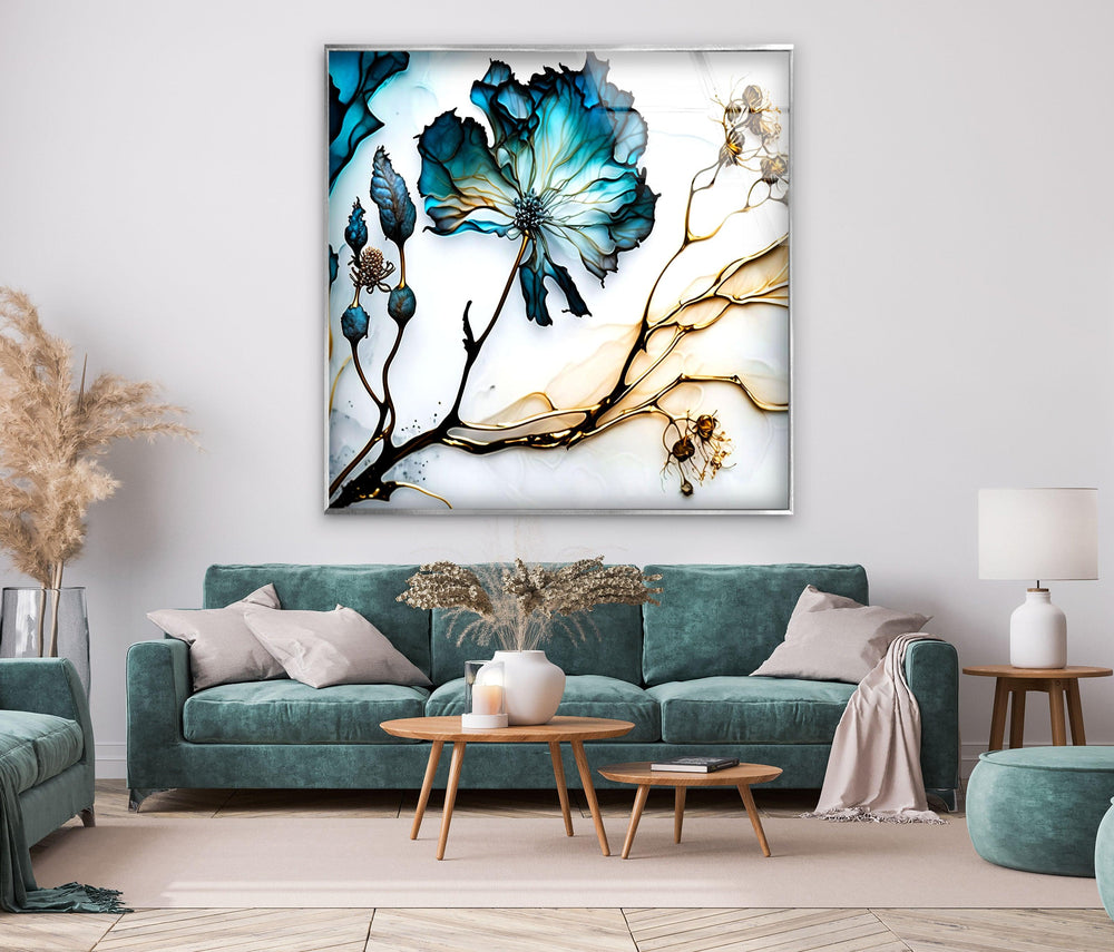 Blue Abstract Flower Glass Wall Art, print picture on glass, Tempered Glass Wall Art