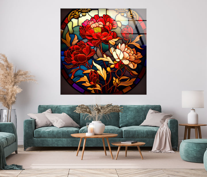 Red Peonies Stained Glass Wall Art, glass pictures for Wall, glass prints wall art