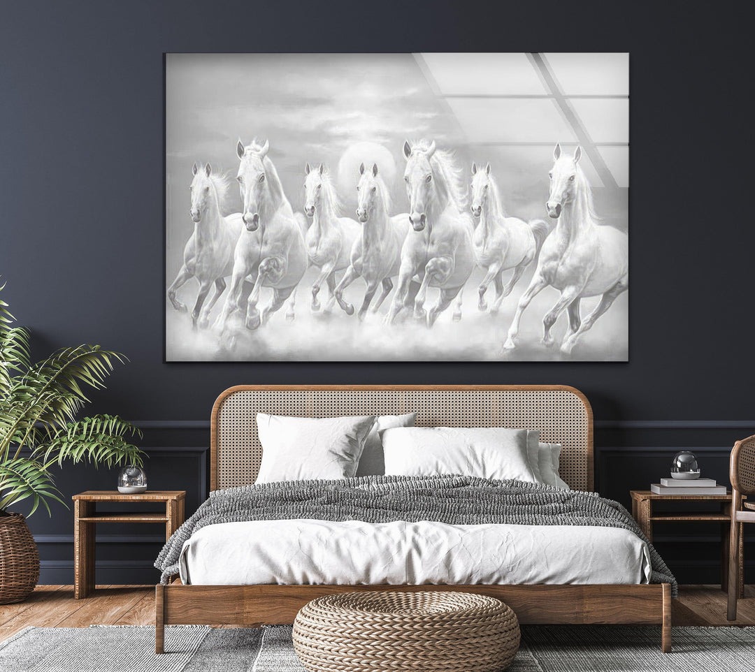 White Horses Running Glass Wall Art custom glass pictures, glass art prints