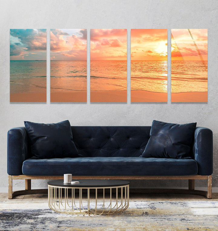 Pastel Sunset Beach Landscape Glass Wall Art, glass image printing, glass prints from photos