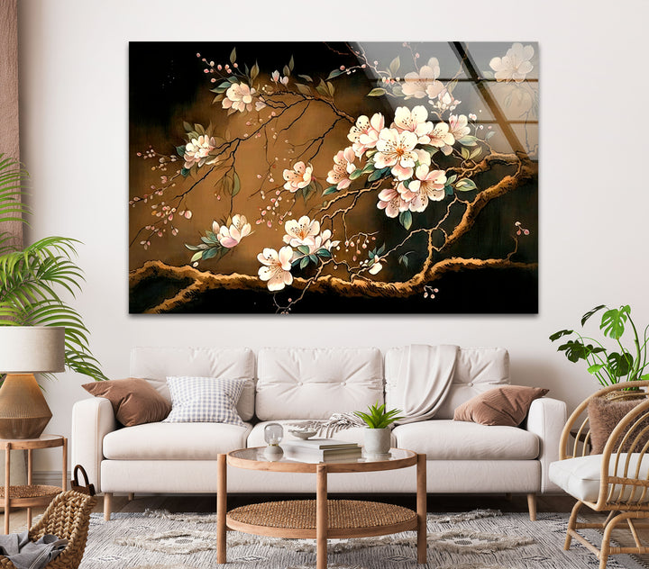 Gold Cherry Blossom Glass Wall Art, art glass wall art, glass wall art pictures