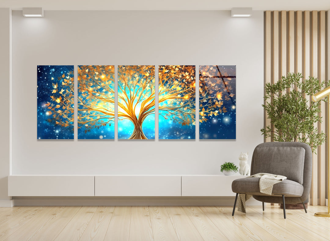 Golden Tree Of Life Abstract Glass Wall Art, glass pictures for Wall, glass prints wall art