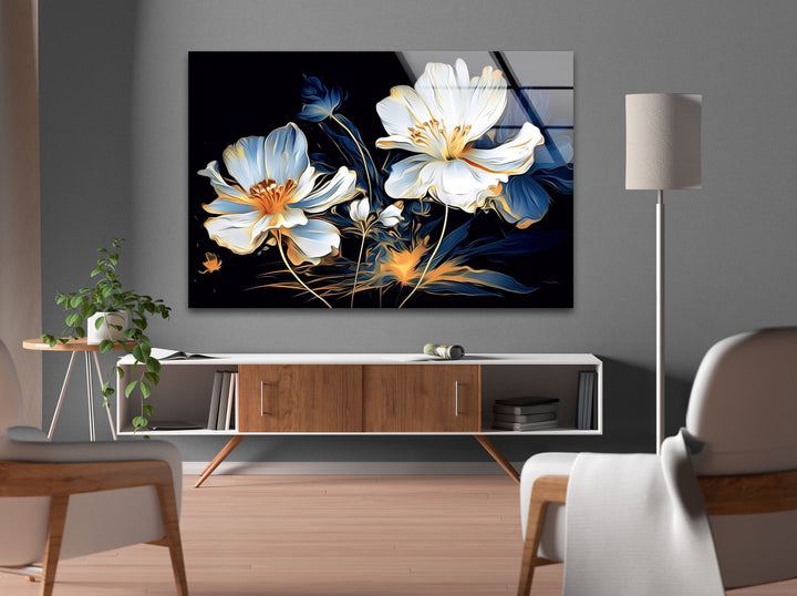 White Flowers Paint Glass Wall Art, glass image printing, glass prints from photos