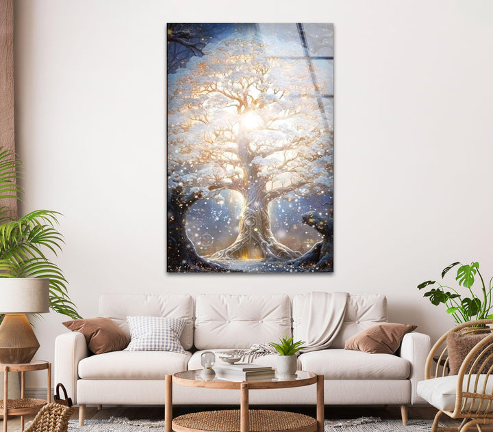 Glowing Blossom Oak Tree Glass Wall Art, picture on glass wall art, photos printed on glass