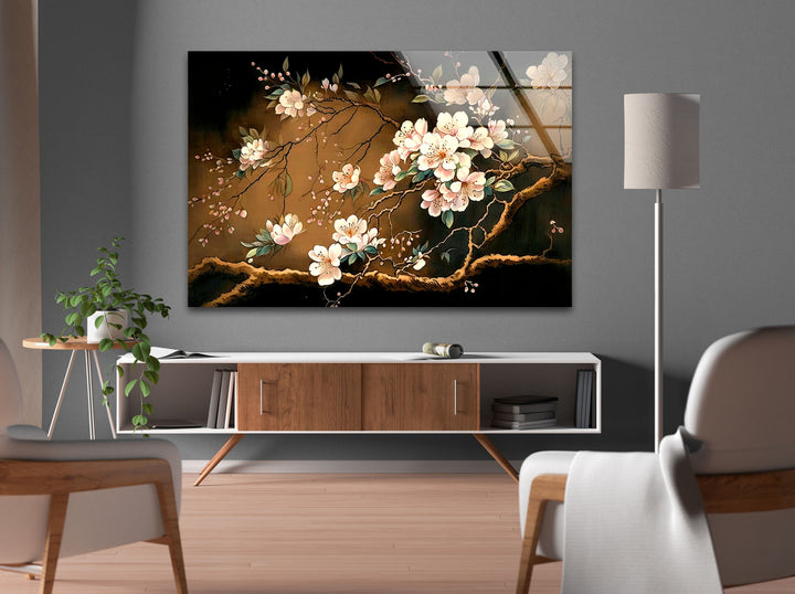 Gold Cherry Blossom Glass Wall Art, glass pictures for Wall, glass prints wall art