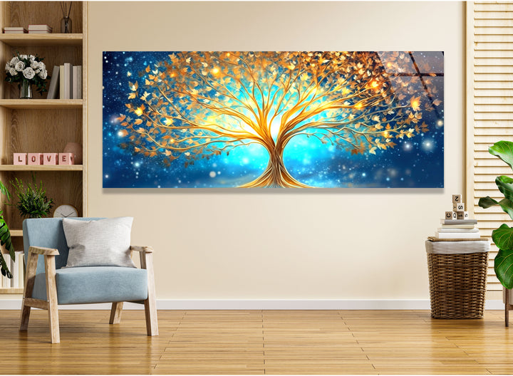 Golden Tree Of Life Abstract Glass Wall Art, custom glass pictures, glass art prints