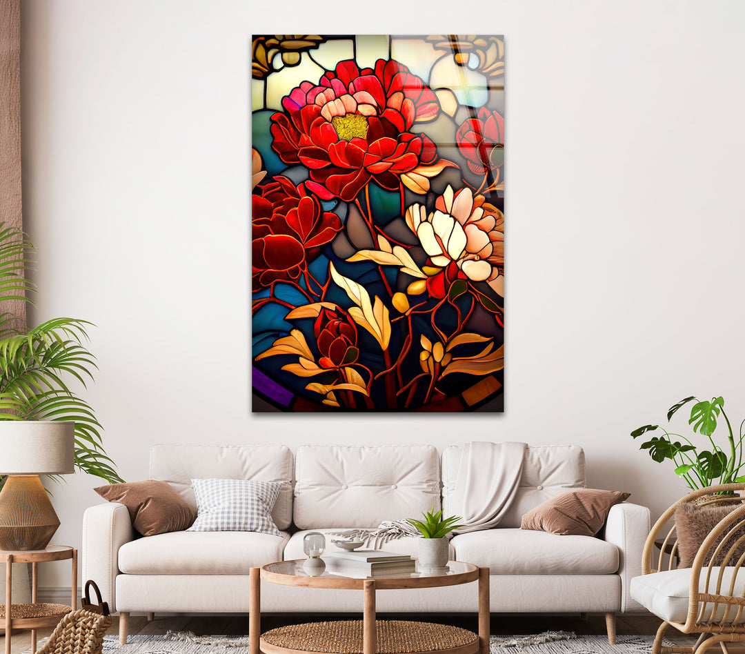 Red Peonies Stained Glass Wall Art, photo print on glass, prints on glass wall art