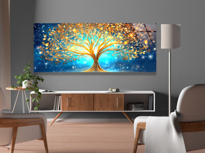 Golden Tree Of Life Abstract Glass Wall Art, print on glass, glass printed photos