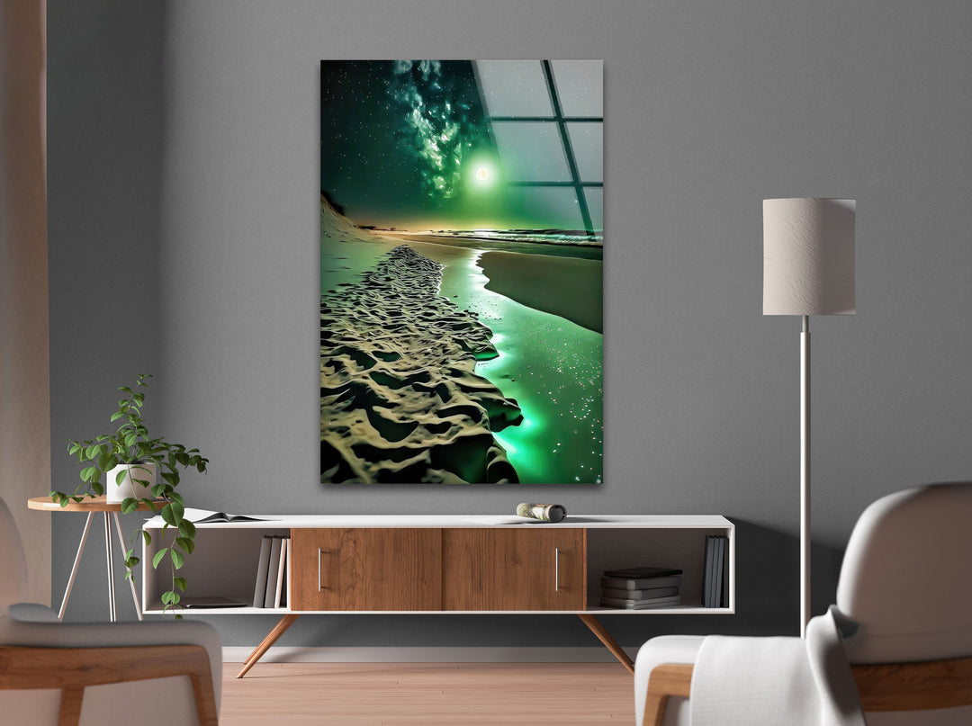 Sea Night Green Moon Glass Wall Art Glass Printing Wall Art, Print photos on glass